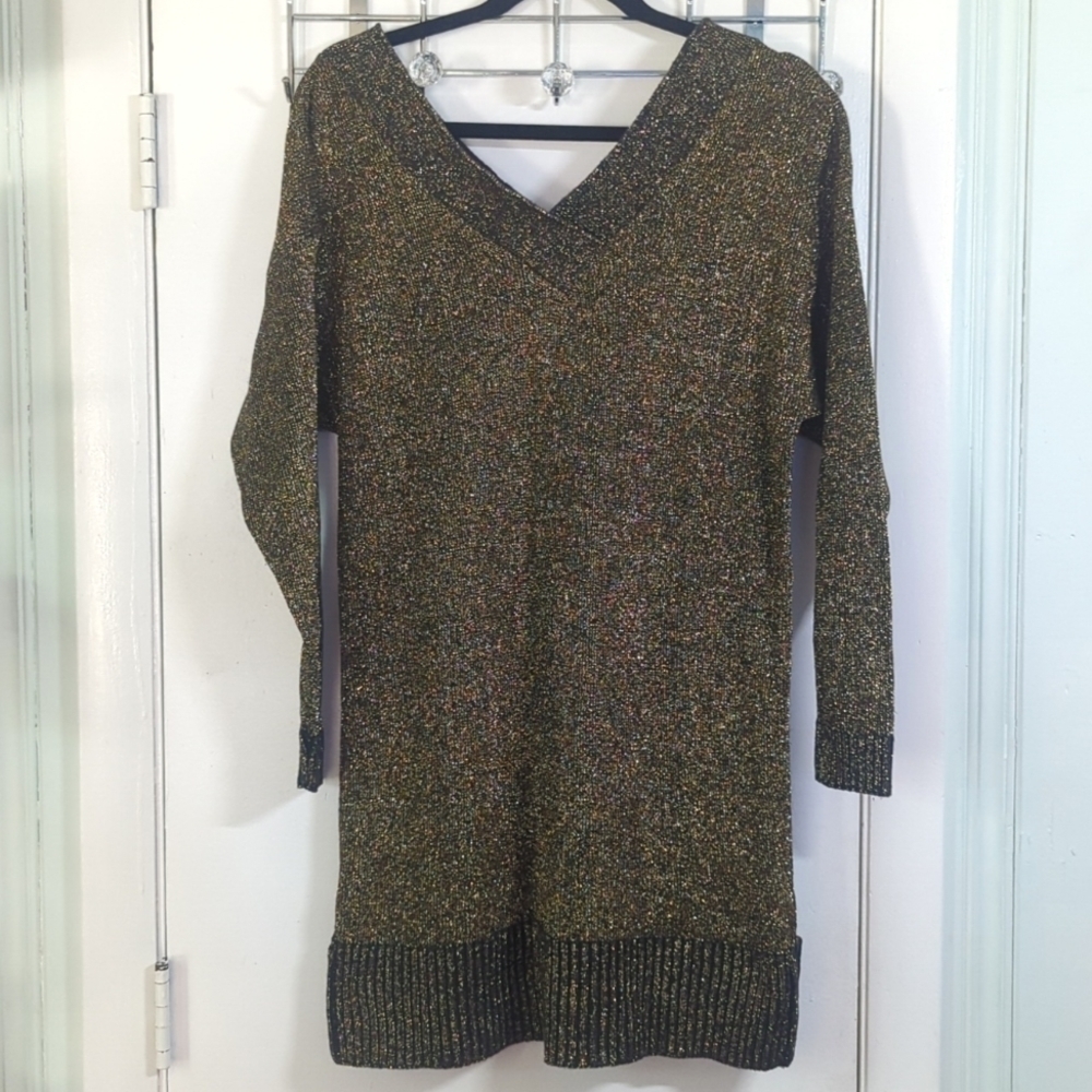 EUC Vintage 90s Y2K Golden Glitter Tantos Sweater Dress sz S Unbelievable!